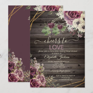 Wine Tasting Burgundy Flowers Wood Bridal Shower Invitation