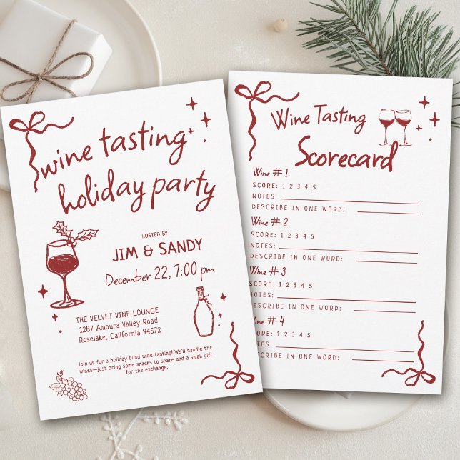 Wine Tasting Holidays Party Whimsical Christmas Invitation (wine tasting holiday party drinks hand drawn winery game charcuterie friendsmas blind christmas )