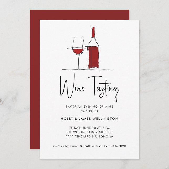 Wine Tasting Modern Line Drawing Red Vino Invitation (Front/Back)