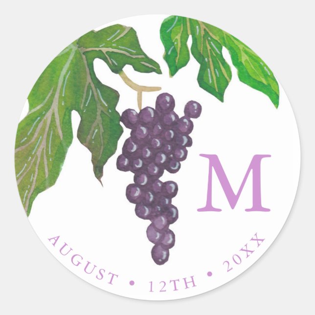 Wine Tasting Party Grapes Monogram Classic Round Sticker (Front)