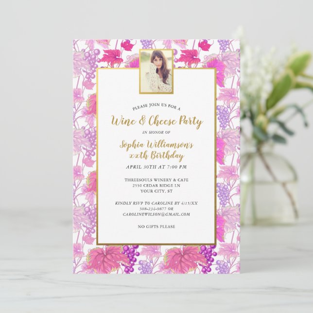 Wine Tasting Purple Grape Vine Birthday Photo Invitation (Standing Front)