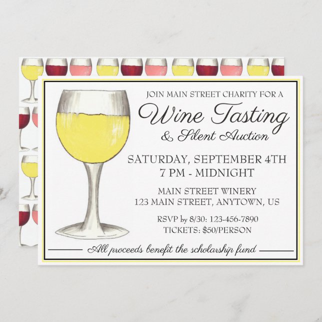 Wine Tasting White Wine Glass Winery Event Invitation (Front/Back)