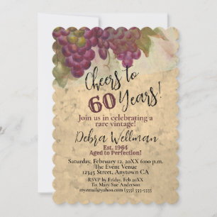 Wine Themed 60th Birthday Rustic Watercolor Grapes Invitation