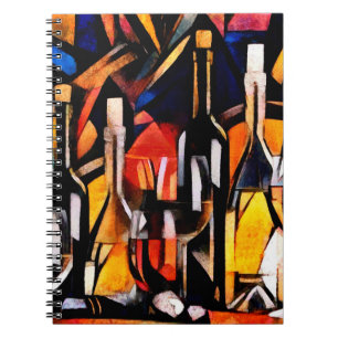 Wine themes in the style of cubism. Bottles, glass Notebook