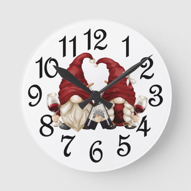 Wine Time Gnomes Round Clock (Front)