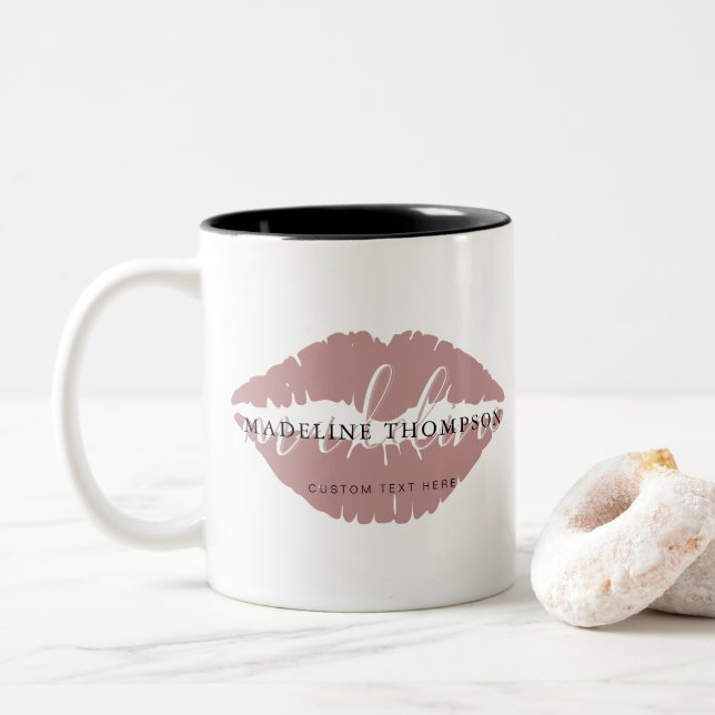 Wine Tinted Lips Calligraphy Script QR code Two-Tone Coffee Mug (With Donut)