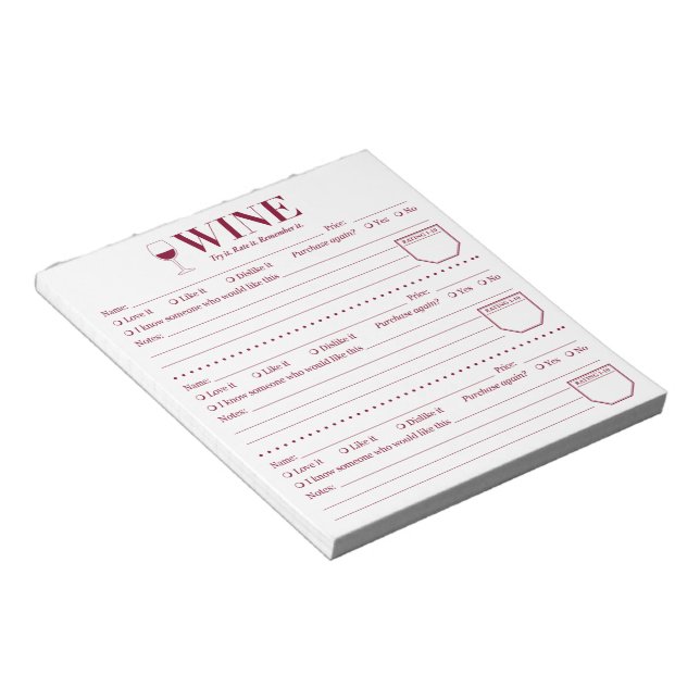 Wine Tracker, Wine Lover Drink Rating Page Notepad (Angled)