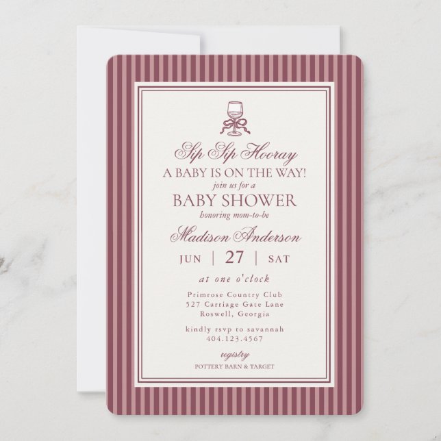 Wine Vineyard Club Old Money Striped Baby Shower Invitation (Front)