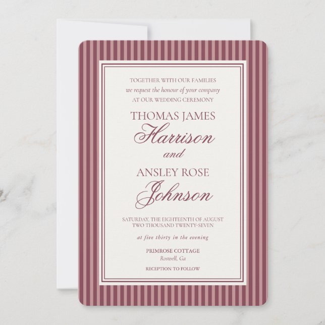 Wine Vineyard Club Old Money Striped Wedding Invitation (Front)