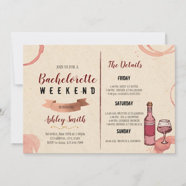 Wine weekend bachelorette invitation (Front)