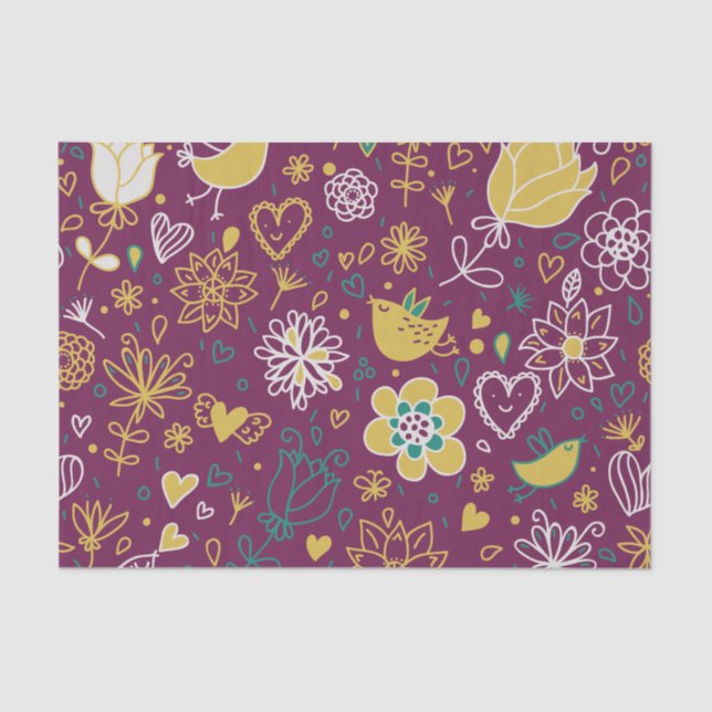 Wine Whimsical Birds and Flowers Tissue Paper (Front)