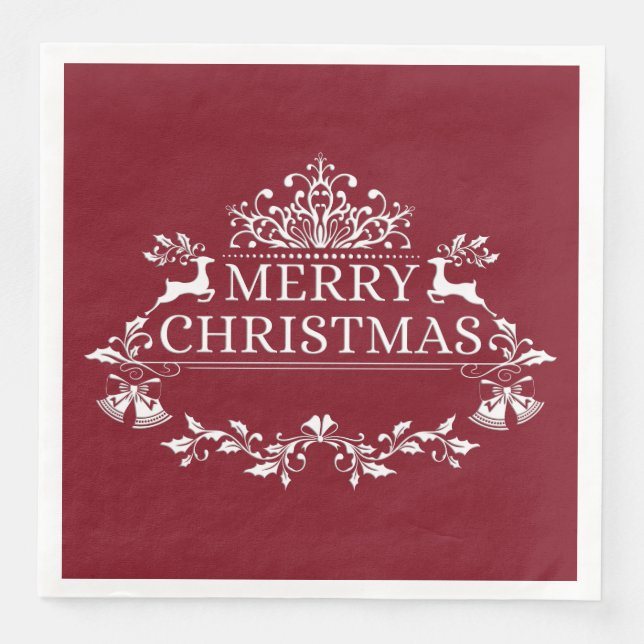 Wine & White Merry Christmas Paper Napkins (Front)