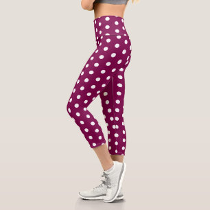 WINE WHITE POLKA DOT SIMPLE STYLISH MODERN GYM CAPRI LEGGINGS