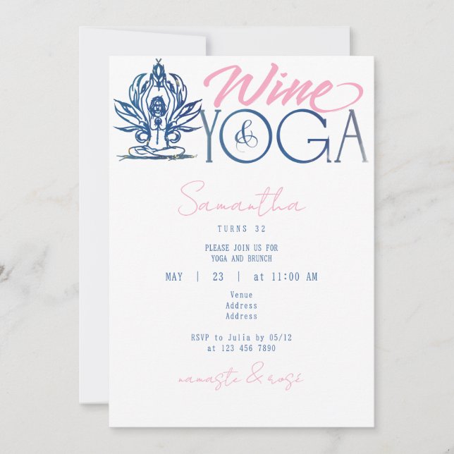 Wine & Yoga Namaste & Rose Minimal Brunch Birthday Invitation (Front)