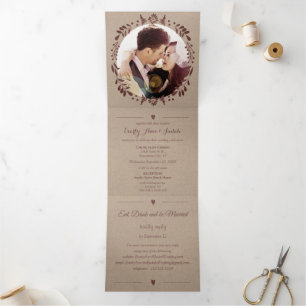 Winery Deep Burgundy Red Floral Wreath Wedding Tri-Fold Invitation