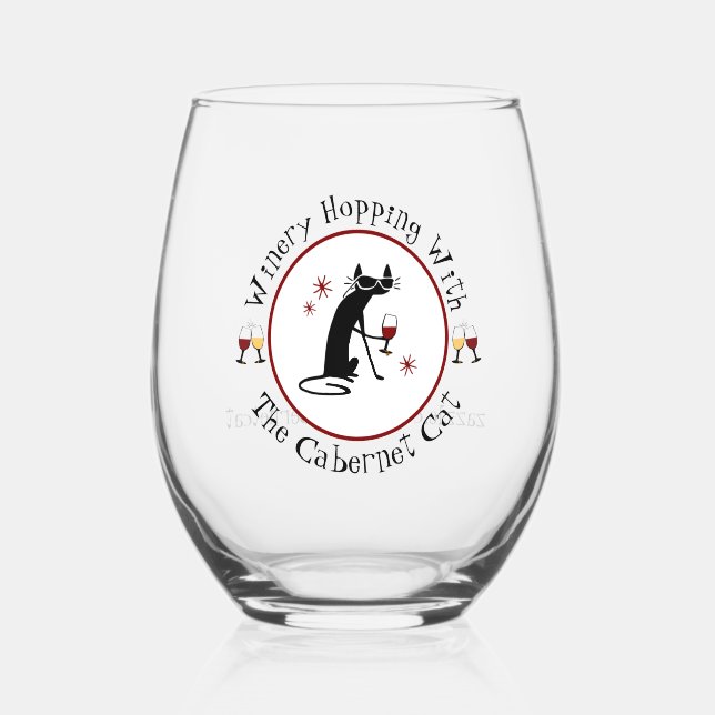 Winery Hopping With The Cabernet Cat Stemless Wine Glass (Front)