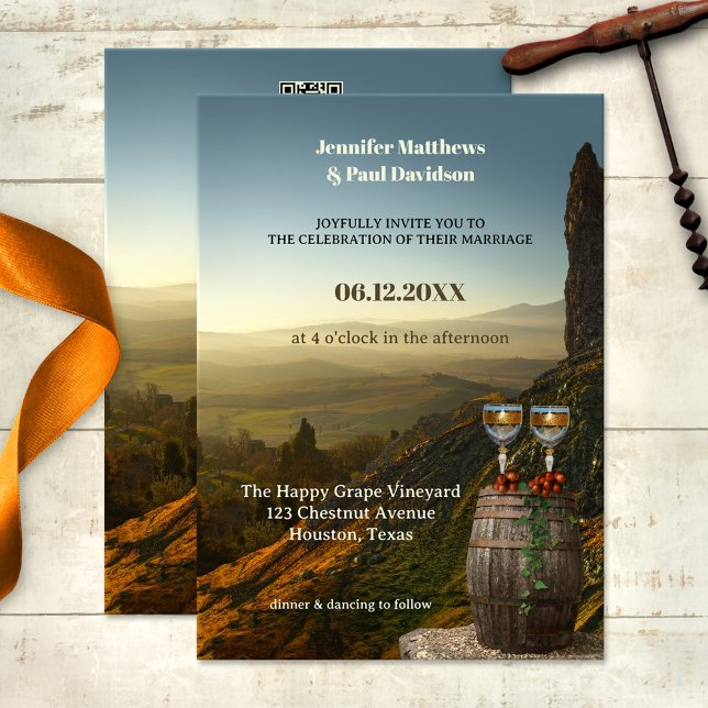 Winery or Vineyard All in One Wedding Invitation (All-in-one vineyard wedding invitation featuring two wine glasses with grapes on wine barrel )