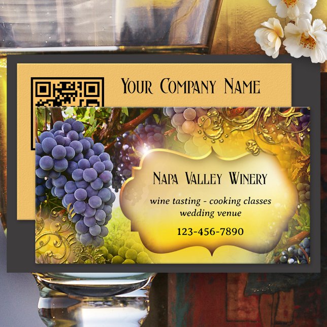 Winery or Vineyard QR Code Business Card (Artistic business card for a winery or vineyard with on the back a QR code template)