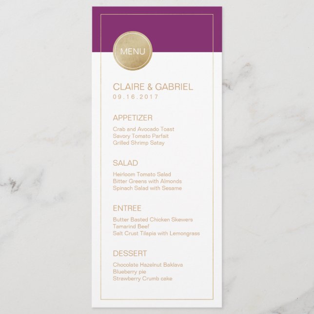 Winery purple minimalist modern wedding menu (Front)