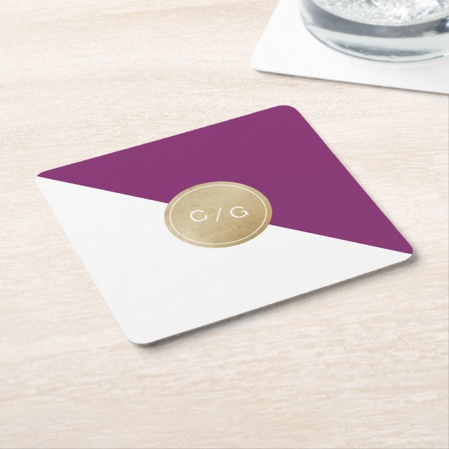 Winery purple minimalist modern wedding monogram square paper coaster (Angled)