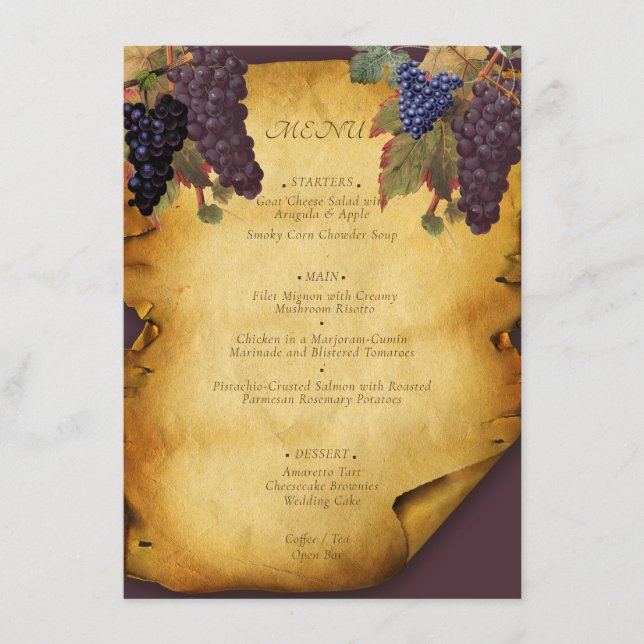 Winery Vineyard Wedding Old Paper Menu (Front)