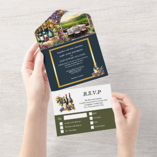 Winery vineyard wine bottles grapes dining table all in one invitation