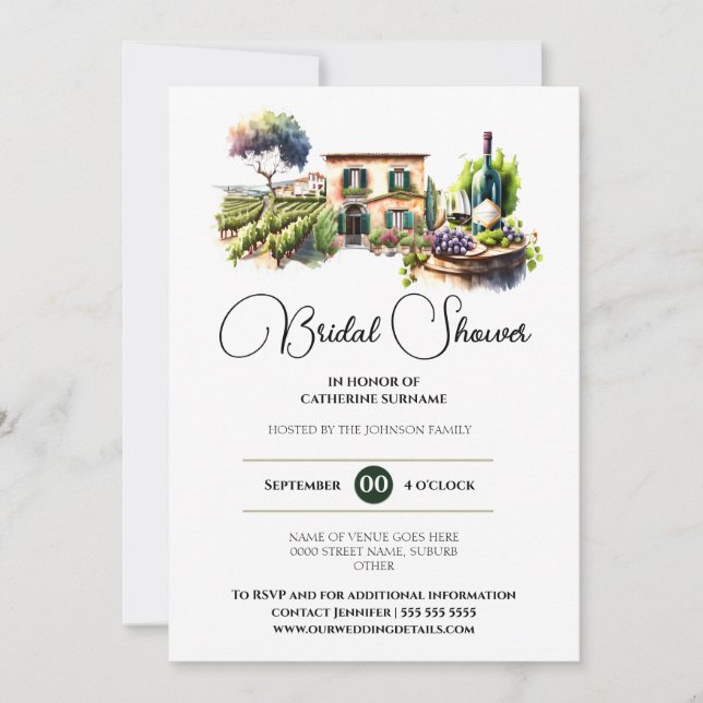 Winery watercolor wine farm vineyard bridal shower invitation (Front)
