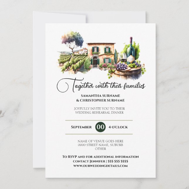 Winery watercolor wine farm vineyard villa dinner invitation (Front)