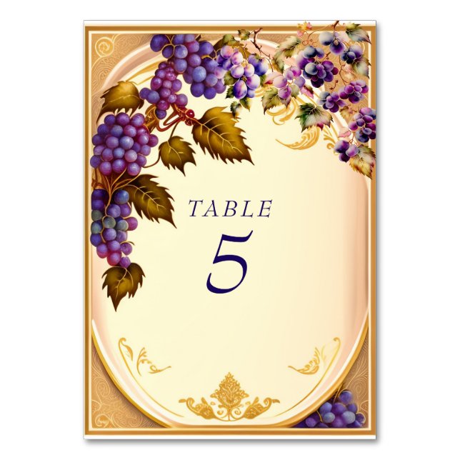 Winery Wedding Grape VIne Gold Filigree Table Number (Front)