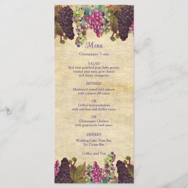 Winery Wedding Vintage Grape Vines Rustic  Menu (Front)