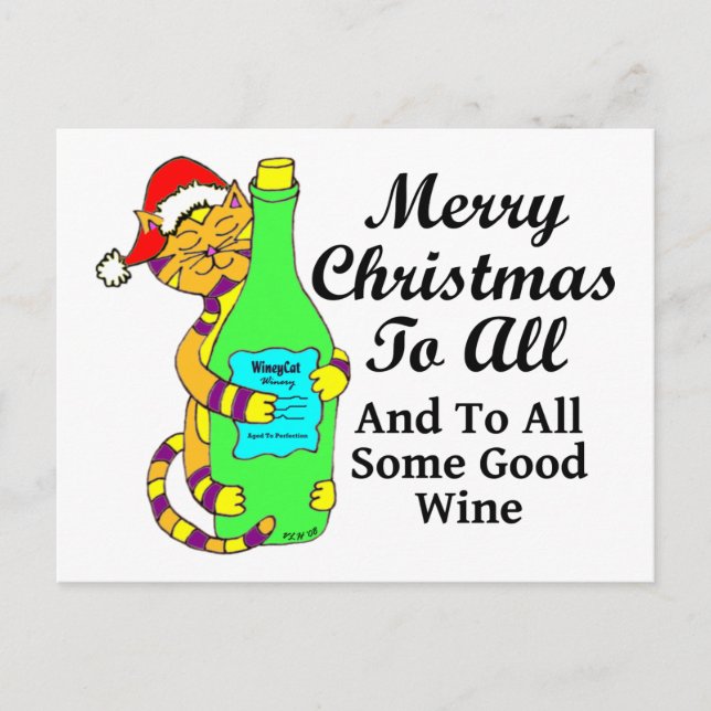 Winey Cat Christmas "...And To All Some Good Wine" Holiday Postcard (Front)