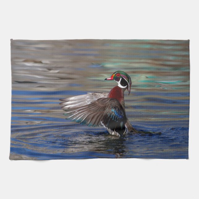 Wing Flapping Wood Duck Tea Towel (Horizontal)