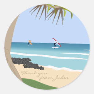 Wing Foil Surf Pandanus Tree at Beach Thank you Classic Round Sticker