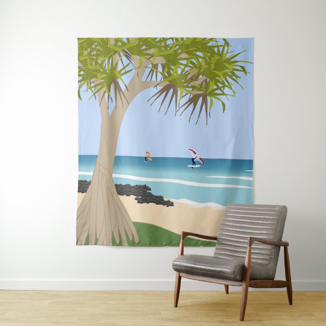 Wing Foil Surfers Pandanus Tree at the Beach Tapestry (In Situ)