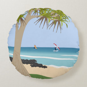 Wing Foiling Surfers Pandanus Tree at the Beach Round Cushion