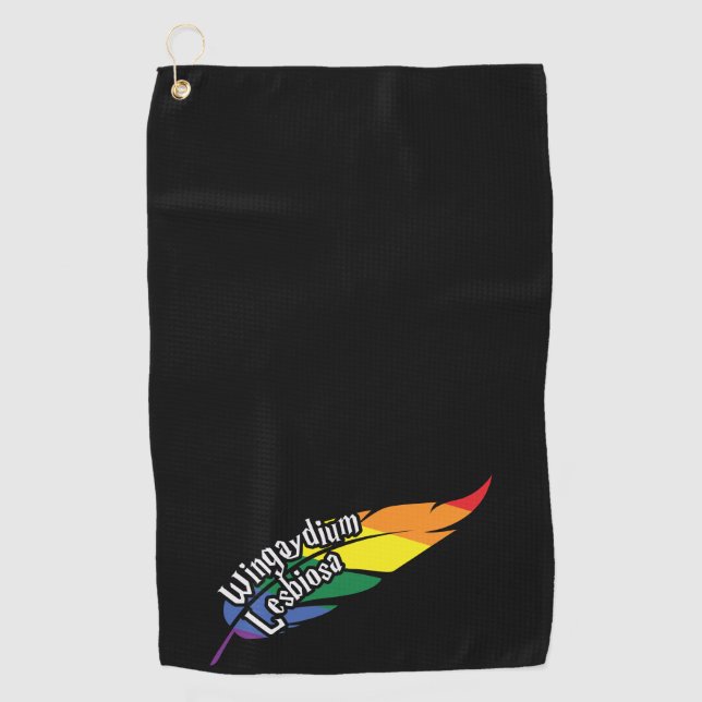 Wingaydium Lesbiosa – Funny LGBTQ+ Magic Pun Golf Towel (Front)