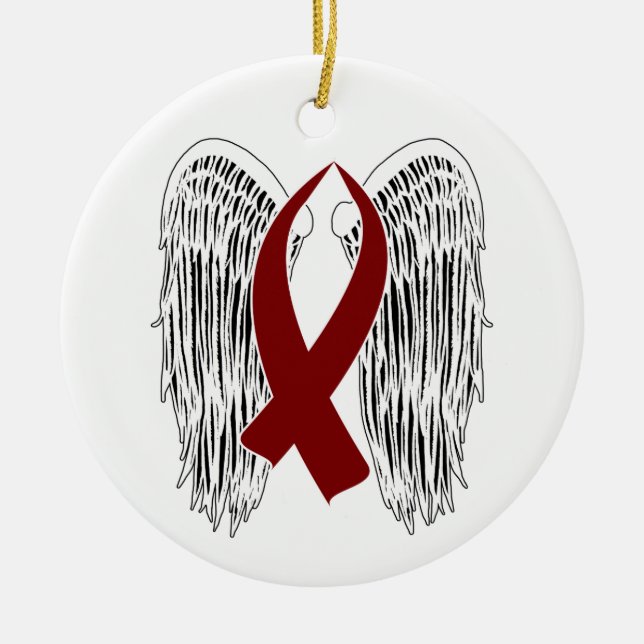 Winged Awareness Ribbon (Burgundy) Ceramic Tree Decoration (Front)