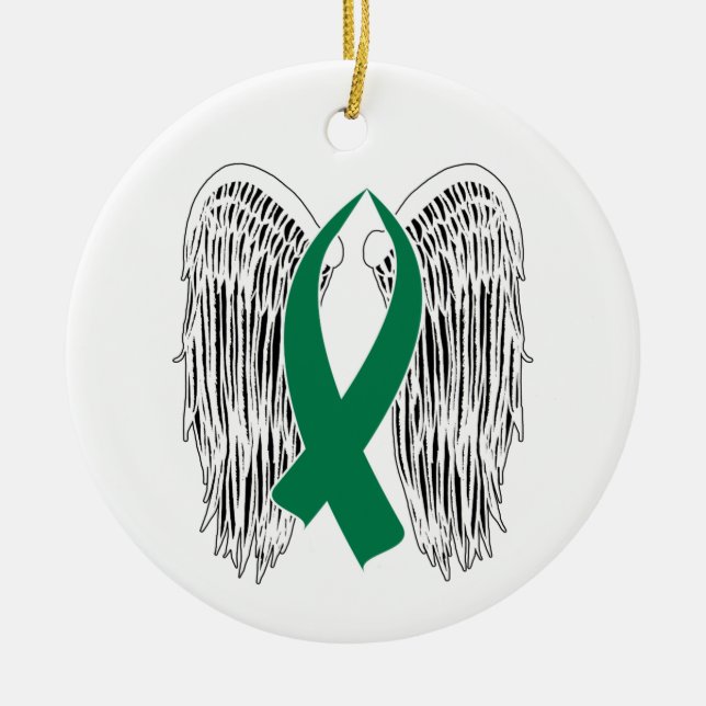 Winged Awareness Ribbon (Green) Ceramic Tree Decoration (Front)