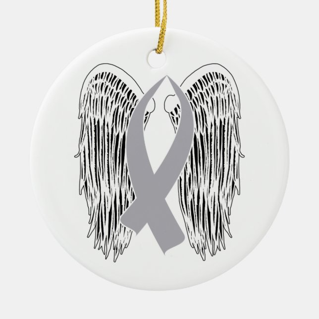 Winged Awareness Ribbon (Grey Ribbon) Ceramic Tree Decoration (Front)