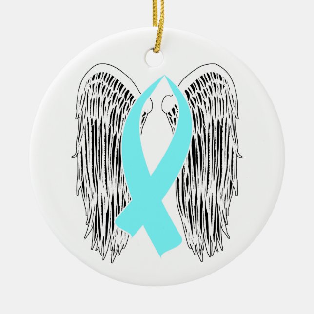 Winged Awareness Ribbon (Light Blue) Ceramic Tree Decoration (Front)