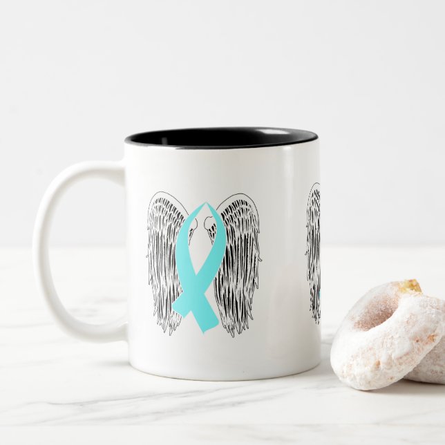 Winged Awareness Ribbon (Light Blue) Two-Tone Coffee Mug (With Donut)