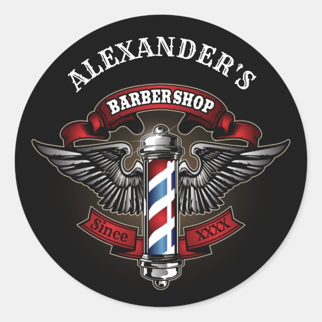 Winged Barber Pole Personalise Classic Round Sticker (Front)