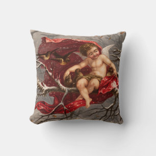 WINGED CHERUB ON WINTER TREE WITH BIRDS Christmas Cushion