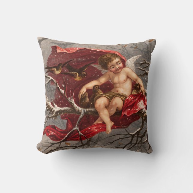 WINGED CHERUB ON WINTER TREE WITH BIRDS Christmas Cushion (Front)
