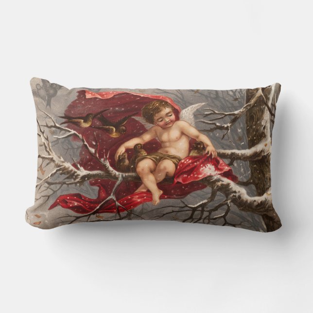 WINGED CHERUB ON WINTER TREE WITH BIRDS Christmas Lumbar Cushion (Front)