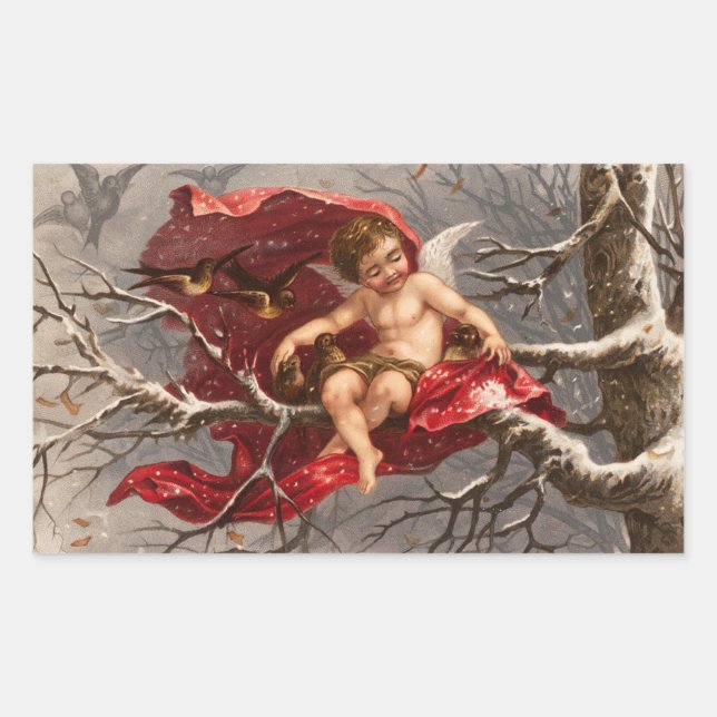 WINGED CHERUB ON WINTER TREE WITH BIRDS Christmas Rectangular Sticker (Front)