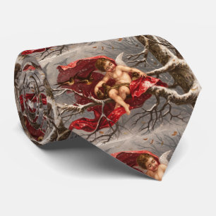WINGED CHERUB ON WINTER TREE WITH BIRDS Christmas Tie