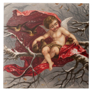 WINGED CHERUB ON WINTER TREE WITH BIRDS Christmas Tile