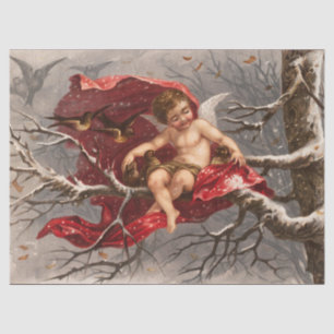 WINGED CHERUB ON WINTER TREE WITH BIRDS Christmas Tissue Paper