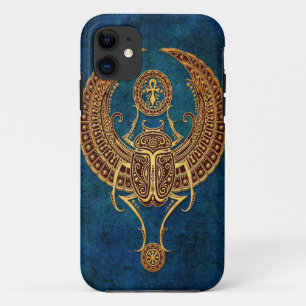 Winged Egyptian Scarab Beetle with Ankh - blue iPhone 11 Case